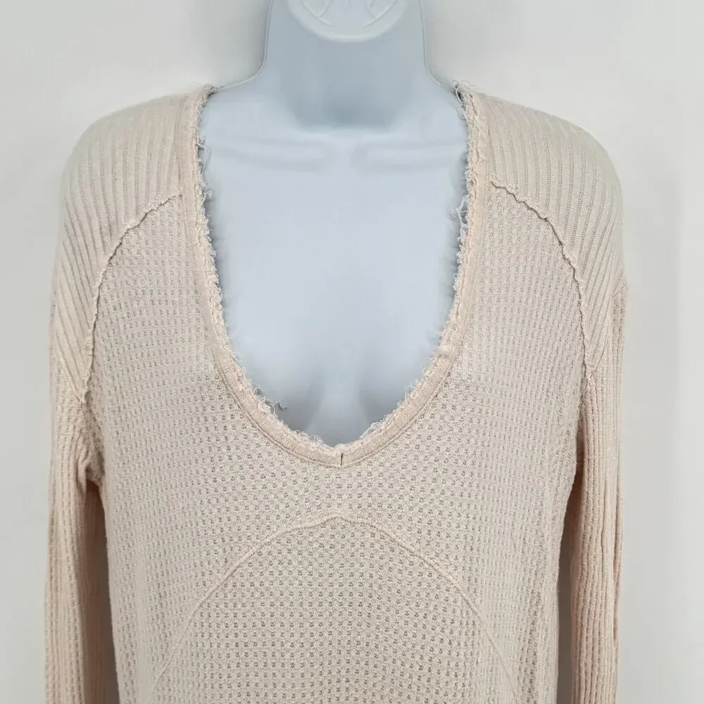 Free People Ventura Top XSmall Nude Blush Waffle Knit Thermal Raw Edge